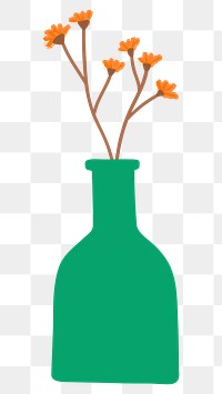 Orange doodle flowers in a green bottle on transparent