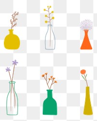 Colorful doodle flowers in vases pattern on transparent