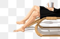 Woman sitting on a woven chair with a cup of coffee in her hands transparent png