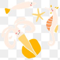 Hand drawn underwater animal collection transparent png