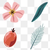 Pink flowers and leaves element set transparent png