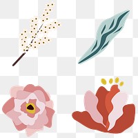 Pink flowers and leaves element set transparent png