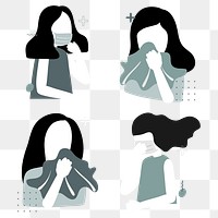 Sick and covid 19 infected women coughing transparent png set