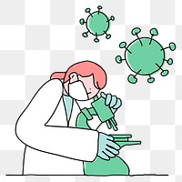 Covid 19 vaccine study png doodle illustration with scientist character