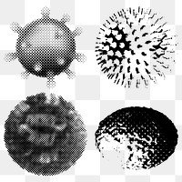 Black and white coronavirus cells under microscope design element set