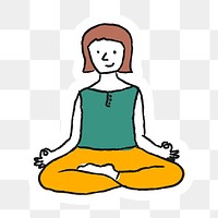 Doodle woman meditating sticker with a white border design element