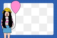 Girl blowing bubble gum and pink balloon frame