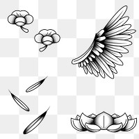 Bird wing and flower tattoo design element set