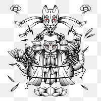 Bakeneko with Raijin drums, Japanese monster cat tattoo design element