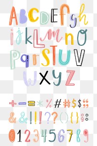 Doodle alphabets, punctuations, numbers png typography set