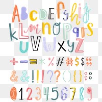 Doodle alphabets, punctuations, numbers png typography set