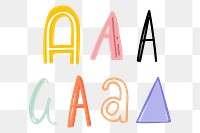 Letter A png doodle font typography set