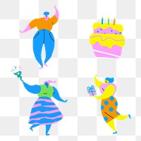 Happy people celebrating a birthday party doodles set transparent png