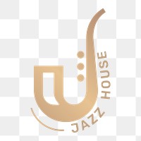 Saxophone png music logo minimal design with jazz house text in gold