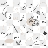 Cute doodle png set in black and gray sticker