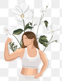 Healthy woman png flexing muscles floral and minimal style