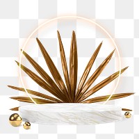 Png 3D modern product display podium with gold palm leaf and neon ring