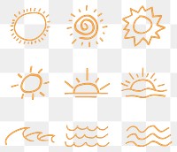 Png summer sunset and waves stickers doodle set in orange