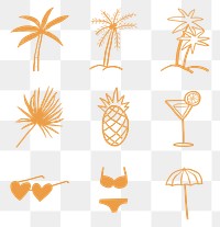 Summer png diary stickers with palm trees and vacation motifs doodle collection