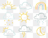 Clouds png weather forecast cute diary stickers set for kids