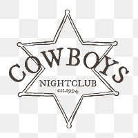 Png vintage sheriff badge logo hand drawn illustration in wild west theme, cowboys nightclub 