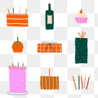 Birthday png stickers colorful cute doodle set