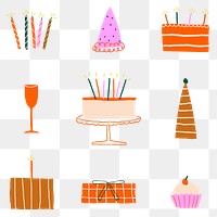 Birthday png stickers colorful cute doodle set