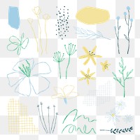 Png botanical leaves aesthetic doodle elements set