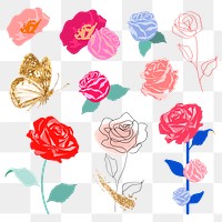 Colorful roses png spring floral diary sticker set