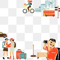 City tour png border with colorful tourist cartoon illustration