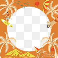 Tropical island png orange frame in circle shape with colorful tourist cartoon illustration