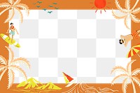Tropical island png orange frame in rectangle shape with colorful tourist cartoon illustration