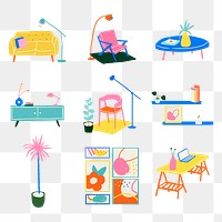 Hand drawn png furniture sticker home decor in colorful flat graphic style set