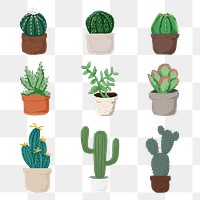 Cute potted plant element png set succulent plants in hand drawn style