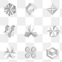 3D geometric shapes png in grey abstract style set