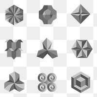 3D geometric shapes png in grey abstract style set