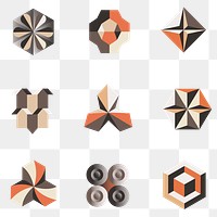 3D geometric shapes png in orange abstract style set