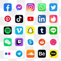 PNG social media icons set with Facebook, Instagram, Twitter, TikTok, YouTube logos