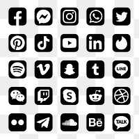 PNG social media icons set with Facebook, Instagram, Twitter, TikTok, YouTube logos