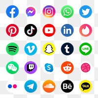 PNG social media icons set with Facebook, Instagram, Twitter, TikTok, YouTube logos