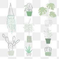 Green doodle png plant sticker set