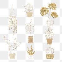 Gold glitter png plant sticker set 