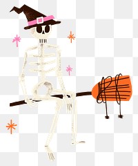 Halloween skeleton PNG sticker with witch hat, cute hand drawn illustration