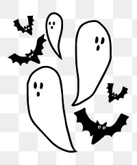 Halloween PNG sticker, hand drawn white ghosts and bats doodle