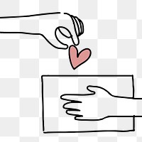 Charity png sticker doodle hand giving heart, donation concept