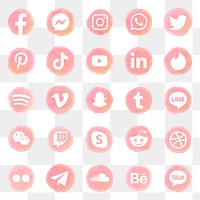 PNG social media icons  set watercolor with Facebook, Instagram, Twitter, TikTok, YouTube etc