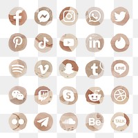 PNG social media icons  set watercolor with Facebook, Instagram, Twitter, TikTok, YouTube etc