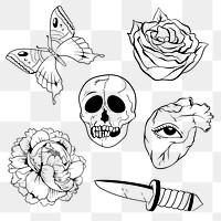 Black and white old school flash tattoo outline png vintage symbol collection