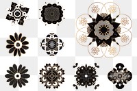 Black botanical Mandala png sticker symbol set