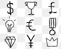 Black png currency symbols icons doodle set